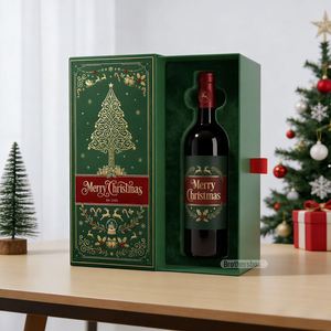 Caja de Regalo de Vino Navideña, Caja Rígida Verde con Cajón, Estampado Dorado y Forro de Satén para Regalos Navideños - Product Image 3