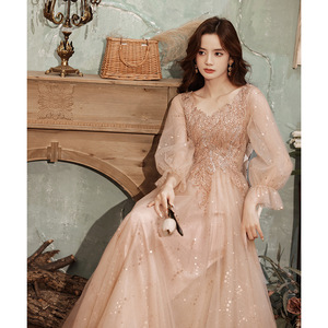 Women's Evening Gown Champagne Color Long Sleeve A-Line Chiffon Elegant Dress For Banquet Grand Annual Meeting - Product Image 4