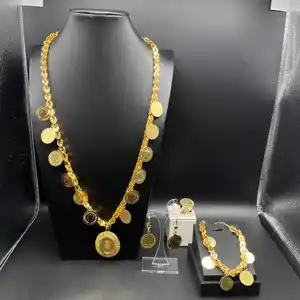 Dubai nigerian ouro banhado noiva colar brincos, anel conjunto de jóias, moedas de cobre indiano, conjunto de jóias africano