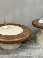 Nouveau modèle 2026 : Ensemble de tables basses en travertin de style médiéval, en bois massif, aspect vintage haut de gamme pour petit salon