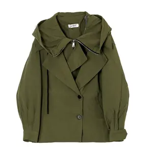 OUDINA 도매 유행 캐주얼 육군 녹색 졸라매는 끈 숙녀 후드 윈드 브레이커 재킷 여성 자켓