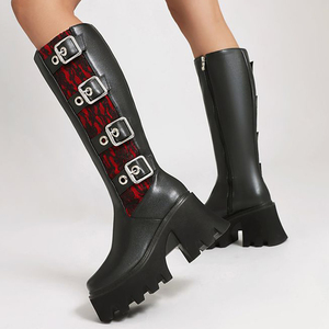 Metal Buckles Chunky Heels Women <b>Knee</b> <b>High</b> Boots Thick Sole Square Toe Long Booties Side Zipper Platform Lace Patchwork Shoes - Product Image 3
