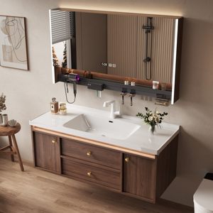 Light luxury new Chinese style bathroom cabinet walnut ceramic integrated basin intelligent cabinet - Product Image 2