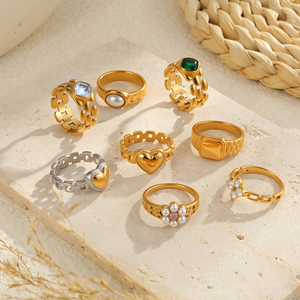 Anelli Trendy con Perle e Zirconi a Forma di Fiore e <span class=keywords><strong>Cuore</strong></span>, Anelli Aperti in Acciaio Inossidabile Placcato Oro per Donne, Gioielli Raffinati da Regalo per Ragazze - Product Image 2