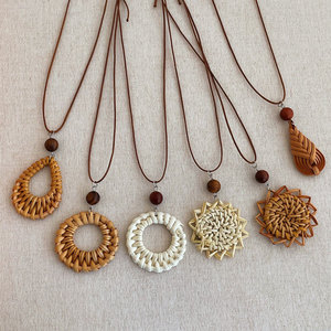 Simple Adjustable Long <b>Rope</b> <b>Chain</b> Sweater Necklace Bohemian Woven Rattan Round Water Drop Sunflower Pendant Necklaces for Women - Product Image 1
