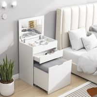Table de toilette avec miroir rabattable et tiroir blanc