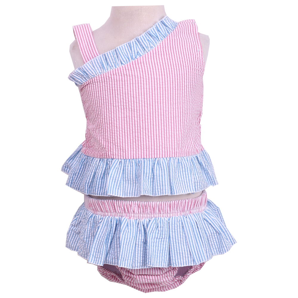 Baby Girl Swimwear Ruffle Custom Bikini Swimwear Summer Seersucker Color Block Children's Swimwear