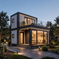 Maison mobile à ossature en acier avec plan de plain-pied, balcon sur le toit et portes coulissantes en verre