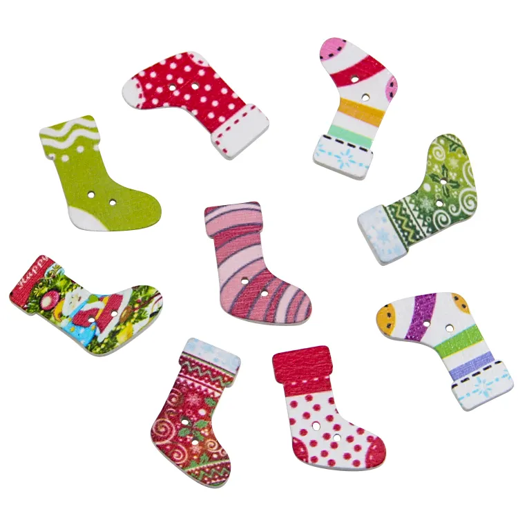 Colorful Christmas Stocking Socks Shape Printed Wood Button Christmas Decoration Buttons