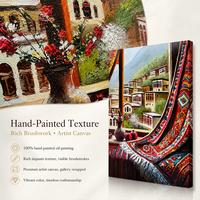 Peinture à l'huile sur toile, peinte à la main, technique impasto, motif village en pente, avec vue sur la grenade, tapis rouge, vase et bouquet de fleurs