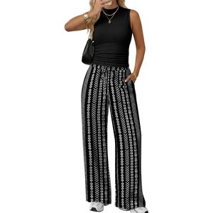 Conjunto de dos piezas para mujer, ropa de verano sin mangas, cuello simulado, tejido de punto, ropa informal para estar en casa, ropa transpirable para vacaciones - Product Image 2