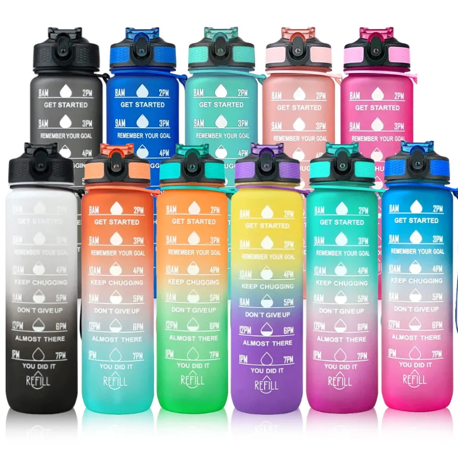 MKAS אימון ספורט מותאם אישית לוגו מבודד קש מסננת Tritan 1L פלסטיק מוטיבציה מים בקבוקים עם זמן סמן