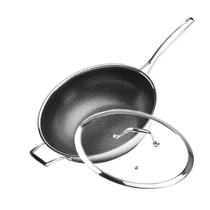 Sartén Wok de acero inoxidable de alta calidad, sartén de cocina de tres capas con recubrimiento de panal chino, con cubierta de vidrio