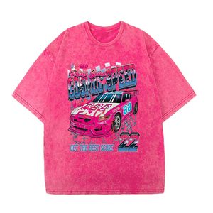 T-Shirt Oversize di Alta Qualità in Cotone Pesante, Stile Retrò Lavato Rosa, Stampa Auto da Corsa Y2K, Collo Tondo, Unisex - Product Image 3