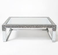 Table basse convertible moderne en bois avec design en cristal miroir, finition argentée, armoire de rangement pour vin, meubles de salon