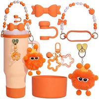 Lot de 6 accessoires modernes et simples pour tasses : crochet à pompon, motif craquelé, nœud papillon 16 cm, chaîne pour paille, capuchon de paille en forme de cœur, couvercle de tasse en silicone, ensemble de chaînes florales