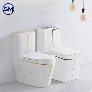 Sanitaire salle de bain personnalisé wc marbré marbre cuvette de toilette s-trap/p-trap plancher en céramique ligne dorée toilette une pièce - Product Image 1