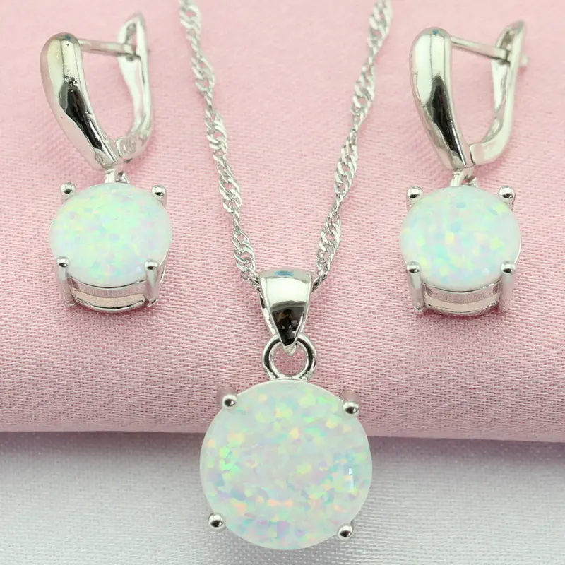 Round White Australia Opal Silver Color Jewelry Sets Drop Earrings Pendant Necklace For Women Free Gift Box