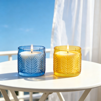 Porte-bougies en verre à motif de feuilles en relief bleu et jaune pour la table, les mariages, la décoration de la maison et les fêtes
