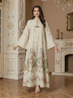 Robe longue musulmane de luxe multicolore brodée de fleurs, col en V, manches longues avec fermoir décoratif, tenue modeste, Dubaï 2026