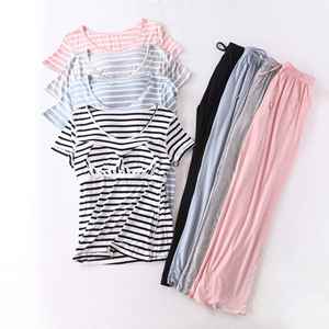 Wholesale Womens Full Length Pajamas Sets Stripes Padded Top Drawstring Elastic Long Pants Sleepwear <b>Twinset</b> - Product Image 3
