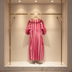 Robe midi rayée en coton pour femme, manches ballon, coupe décontractée, collection boutique ethnique décontractée d'été - Product Image 1