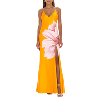 Gaun Maxi Wanita Motif Bunga Kuning Custom OEM ODM, Tali Spaghetti, Kerah V, Belahan Samping, Gaun Musim Panas untuk Liburan Pantai dan Acara Malam