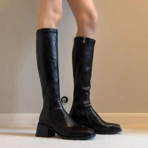 Cowhide Version~New Genuine Leather British Style Mid-Heel Tall Slim <b>Boots</b> for Women Square-Toe Side-Zip Below-Knee Riding <b>Boots</b> - Product Image 3