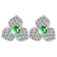 Bague en jade naturel véritable vert fleur, sertie d'argent S925 et de pierres glacées, avec une bague de doigt tendance pour femme, et un ensemble de clous d'oreilles.