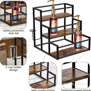 Ironwork Multi Tiered <b>Storage</b> <b>Rack</b> 3 Floors Wooden Desktop Organizer For Kitchen Spice And <b>Bottle</b> Display - Product Image 4