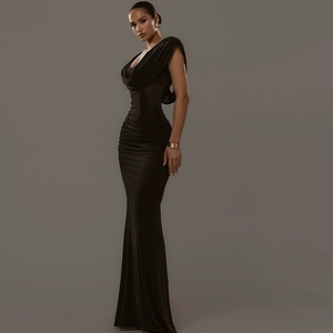 Ghh10246-2025 mùa thu Mới Bộ sưu tập eo màu rắn xếp li cổ Áo Đầm - Product Image 5