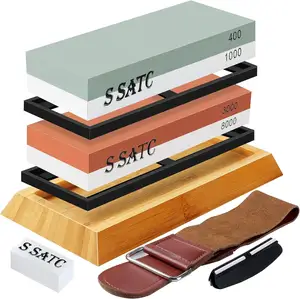 SATC Wet Stone Knife Sharpener Kit Grit 400/1000/3000/8000 Non-Slip Wood Base Angle Guide Leather Strop Whetstone Flattening