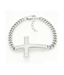 สร้อยข้อมือรูปกางเขนแบบนูนลายเคลือบทอง 18K ทำจากสแตนเลสสตีล 316L ป้องกันการแพ้ พร้อมสายแบบ Curb Chain และสายต่อปรับขนาดได้สำหรับผู้ชาย - Product Image 1