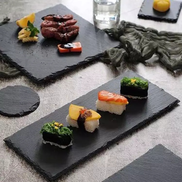 Grosir bahan sehat alami hitam bulat persegi panjang piring batu tulis Steak Sushi Slate tatakan batu tulis