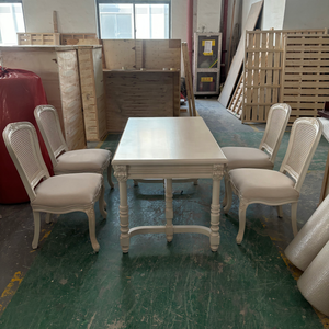Light French Cream <strong>White</strong> Solid Wood <strong>Dining</strong> <strong>Table</strong> and Chairs <strong>Set</strong> 4 Seater Rattan Back <strong>Dining</strong> Room Furniture - Product Image 1