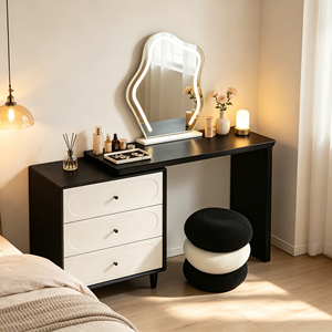 Modern Black Makeup Vanity <b>With</b> White <b>Drawers</b> Lighted Mirror And Stool Bedroom <b>Dressing</b> <b>Table</b> - Product Image 3