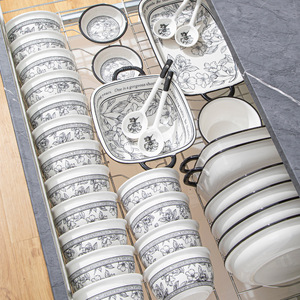Juego de Vajilla de Cerámica con Estampado Floral Negro Vintage, <span class=keywords><strong>Platos</strong></span>, Tazones y Utensilios para Hornear para el Hogar, Cocina, Bodas, Fiestas, Restaurantes y Uso Diario - Product Image 2