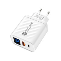 Chargeur intelligent 20W QC3.0 USB+Type-C 5V/2.4A/5V/3A, chargeur de voyage universel avec affichage numérique EU/US/UK pour téléphone portable