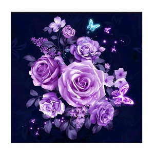 Quadro moderno dipinto a mano con diamanti, punto croce, fiori viola, decorazione per la casa, su tela - Product Image 1