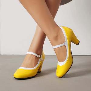Elegant <b>Black</b> Patent Leather Heeled Sandals With White Ankle Strap Buckle Closed Toe Mid <b>Heel</b> All Seasons Women's Shoes - Product Image 4