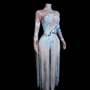 Exclusivo Body de Spandex/Algodón con Estampado de Tinta Acuática y Pedrería, Cuello Alto, Vestido de Baile con Flecos Largos, Ropa Profesional para Espectáculos - Product Image 3