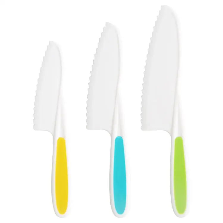 Juego de cuchillos de cocina y horneado seguro para niños pequeños de 3 piezas, cuchillos de cocina para niños para cortar frutas, ensalada, pastel, lechuga