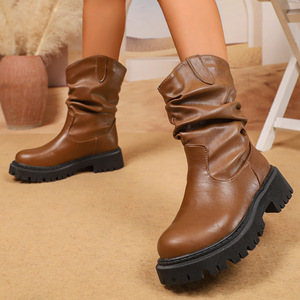 Botines holgados a media pantorrilla, <span class=keywords><strong>botas</strong></span> estilo <span class=keywords><strong>Dr</strong></span>. <span class=keywords><strong>Martens</strong></span> <span class=keywords><strong>de</strong></span> estilo occidental para <span class=keywords><strong>mujer</strong></span>, <span class=keywords><strong>botas</strong></span> chelsea plisadas con punta redonda, talla grande - Product Image 3