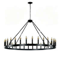 Lampu Gantung Candelabra Roda Gerobak Besar Cincin Logam Hitam dengan Soket E12, Lampu Gantung Gaya Farmhouse untuk Ruang Tamu dan Foyer