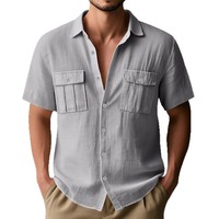 Kemeja Linen Pria Kancing Saku Lipat Kasual Kerah Lipat Bernapas Lengan Pendek Ramah Lingkungan Cepat Kering Kemeja Pantai Multi Warna