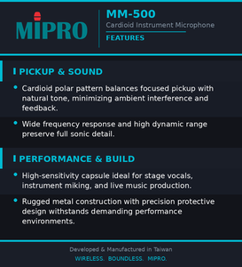 Micrófono de instrumento MIPRO con rango dinámico excepcional y alta sensibilidad, micrófono con cable para estudio y música en vivo. - Product Image 6