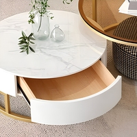 Table basse ronde moderne, ensemble de 2 tables basses gigognes en marbre avec cadre doré et plateau en verre trempé pour salon