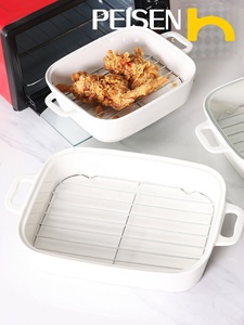 Plato de cerámica para hornear con tapa de vidrio y escurridor de aceite Bandeja para asar segura para microondas y <span class=keywords><strong>horno</strong></span> para hornear y cocinar - Product Image 5