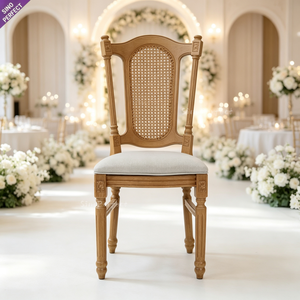 Chaise en résine plastique à dossier en rotin tressé, design moderne, couleur bois, forme goutte d'eau, dossier croisé en X, pour jardin, mariage, fête - Product Image 3