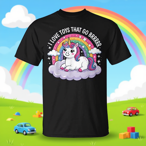 Camiseta con diseño de unicornio y arcoíris de I Love Toys That Go Brrr para un humor divertido - Product Image 3